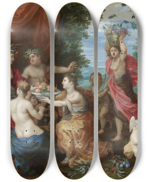 Triptych art skateboard deck of Jan Brueghel The Younger A Bacchanal With Ceres Bacchus And Venus by Jan Brueghel the Younger (1601-1678)
