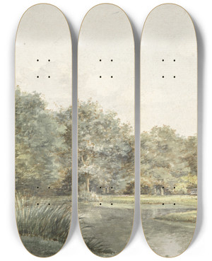 Triptych art skateboard deck of Pieter Ernst Hendrik Praetorius Landschap Met Bomen Aan Het Water by Pieter Ernst Hendrik Praetorius (1791-1876)