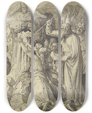 Triptych art skateboard deck of Julius Schnorr Von Carolsfeld Die Kinder Israels Werden In Der Wste Gespeist Und Getrnkt by Julius Schnorr Von Carolsfeld (1794-1872)