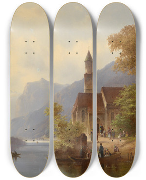 Triptych art skateboard deck of Anton Doll Am Heimweg Von Der Sonntagsmesse by Anton Doll (1826-1887)