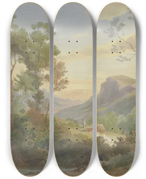 Triptych art skateboard deck of Carl Hummel Italienische Gebirgslandschaft by Carl Hummel (1821-1907)