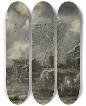 Triptych art skateboard deck of Thomas Heeremans Winter Scene by Thomas Heeremans (1641-1694)