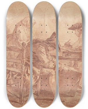 Triptych art skateboard deck of Hubert Robert Young Artists In The Studio by Hubert Robert (1733-1808)