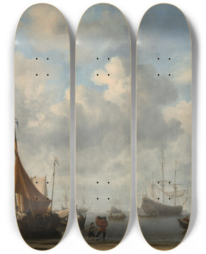 Triptych art skateboard deck of Willem Van De Velde The Younger Entrance To A Dutch Port by Willem van de Velde the Younger (1633-1707)