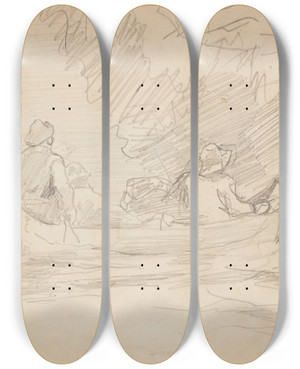 Triptych art skateboard deck of Winslow Homer Canoe With Three Men_1 by Winslow Homer (1836-1910)