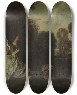 Triptych art skateboard deck of Jeanantoine Watteau Evening Landscape With Spinner_1 by Jean-Antoine Watteau (1684-1721)