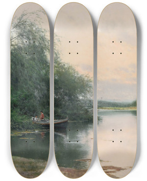 Triptych art skateboard deck of Emilio Snchezperrier A Quiet Afternoon On The River by Emilio Snchez-Perrier (1855-1907)