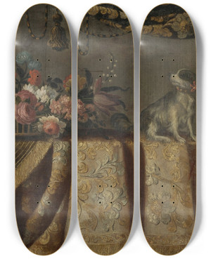 Triptych art skateboard deck of Francesco Noletti Still Life Of Flowers With A Toy Spaniel All On A Draped Table by Francesco Noletti (1611-1654) Triptych art skateboard deck of Francesco Noletti Still Life Of Flowers With A Toy Spaniel All On A Draped Table by Francesco Noletti (1611-1654)
