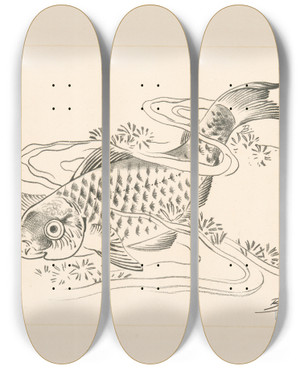 Triptych art skateboard deck of Flix Bracquemond Poisson Dans Une Vague by Felix Bracquemond (1833-1914)