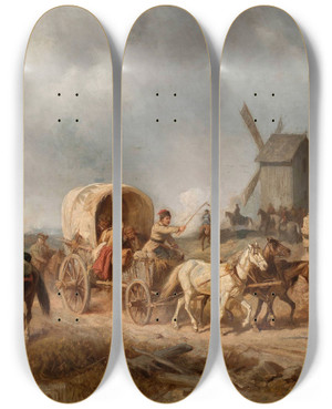 Triptych art skateboard deck of Henryk Pillati Convoy Of The Wounded by Henryk Pillati (1832-1894)