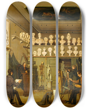 Triptych art skateboard deck of Ferdinand Richardt A Studio At The Academy Of Fine Arts Copenhagen by Ferdinand Richardt (1819-1895)