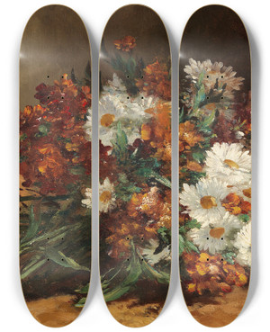 Triptych art skateboard deck of Eugne Henri Cauchois Bouquet With Daisies And Gold Lacquer by Eugene Henri Cauchois (1850-1911)
