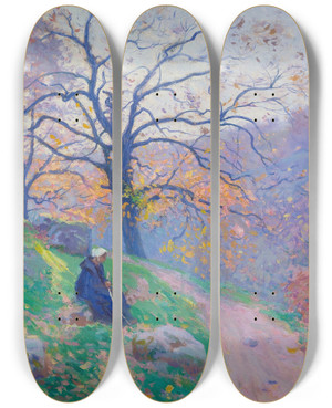 Triptych art skateboard deck of Paul Madeline Sur Le Chemin Du Diben by Paul Madeline (1863-1920)