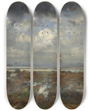 Triptych art skateboard deck of Thodore Rousseau Vue Sur Les Collines De Montmartre by Theodore Rousseau (1812-1867)