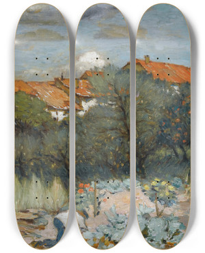 Triptych art skateboard deck of Peter Alexandrovitch Nilouss Landscape With Red Roofs by Peter Alexandrovitch Nilouss (1869-1943)