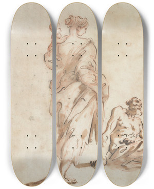 Triptych art skateboard deck of Alessandro Magnasco A Standing Woman Holding A Child A Seated Male At Her Feet by Alessandro Magnasco (1667-1749)