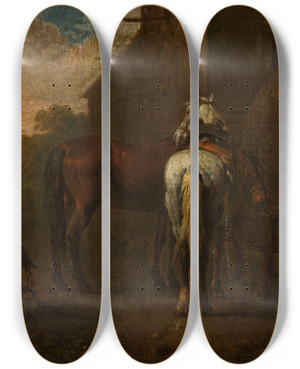 Triptych art skateboard deck of Pieter Van Bloemen Horses In Front Of A Tavern by Pieter Van Bloemen (1657-1720)
