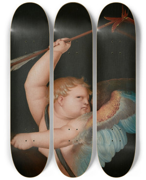 Triptych art skateboard deck of Hans Baldung Cupid With The Flaming Arrow by Hans Baldung (1484-1545)