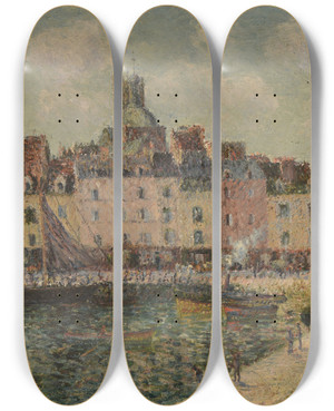 Triptych art skateboard deck of Gustave Loiseau Le Quai Duquesne Dieppe by Gustave Loiseau (1865-1935)