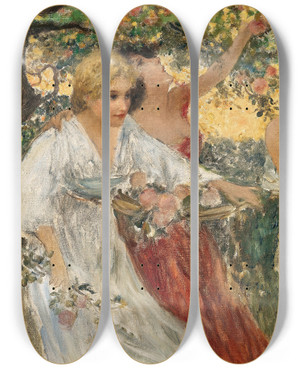 Triptych art skateboard deck of Emil Czech Three Graces Under A Blossoming Tree by Emil Czech (1862-1929)
