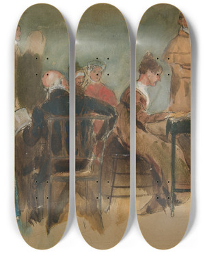 Triptych art skateboard deck of Edwin Austin Abbey Sketch Of Women In An Interior Unidentifiedillustration by Edwin Austin Abbey (1852-1911)