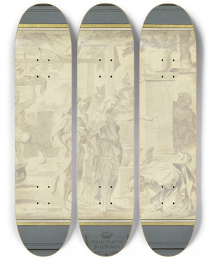 Triptych art skateboard deck of Sbastien Bourdon Abraham Und Die Drei Engel by Sebastien Bourdon (1616-1671)