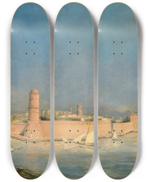 Triptych art skateboard deck of Antoine Vollon Marseilles Harbour With A Lighthouse by Antoine Vollon (1833-1900)