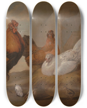 Triptych art skateboard deck of Francis Barlow Domestic Cock Hens And Chickens by Francis Barlow (1626-1704)