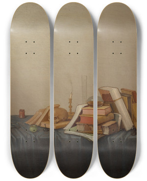 Triptych art skateboard deck of Gerrit Van Vucht A Vanitas With Books A Skull A Candle And Various Objects On A Table by Gerrit van Vucht (1610-1697)