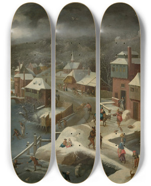 Triptych art skateboard deck of Jacob Grimmer A Winter Landscape With The Flight Into Egypt by Jacob Grimmer (1525-1590)