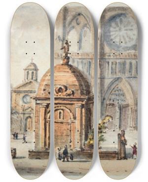 Triptych art skateboard deck of Augustesbastien Bnard Le Parvis De Notredame De Paris by Auguste-Sbastien Bnard (1810-1873)