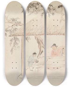 Triptych art skateboard deck of Hua Yan A Man Sits At A Table Before An Open Scroll A Boy Mixes Ink by Hua Yan (1682-1765)