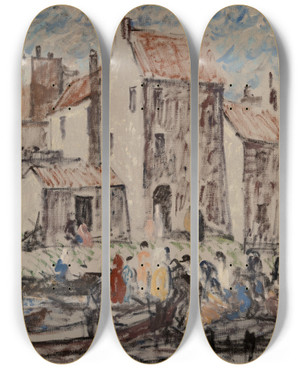 Triptych art skateboard deck of Robert Spencer Boating Party by Robert Spencer (1879-1931)