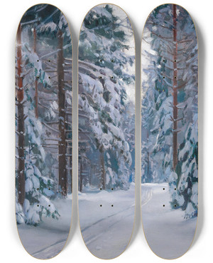 Triptych art skateboard deck of Stanislaw Zukowski Verschneiter Waldweg by Stanislaw Zukowski (1873-1944)