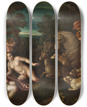 Triptych art skateboard deck of Leandro Bassano Diana And Actaeon by Leandro Bassano (1557-1623)