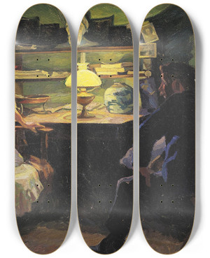 Triptych art skateboard deck of Edvard Weie Interir Med Lampelys Og To Figurer by Edvard Weie (1879-1943)