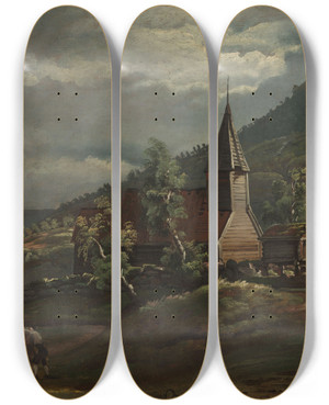 Triptych art skateboard deck of Knud Baade The Church At Gaupne In Sogn by Knud Baade (1808-1879)