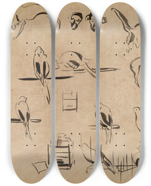 Triptych art skateboard deck of Rik Wouters Study Of Birds by Rik Wouters (1882-1916)