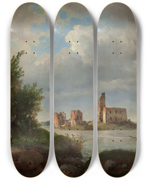 Triptych art skateboard deck of Wojciech Gerson Ruins Of The Trakai Island Castle by Wojciech Gerson (1831-1901)