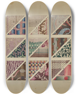 Triptych art skateboard deck of Martha Reed Printed Delaines by Martha Reed