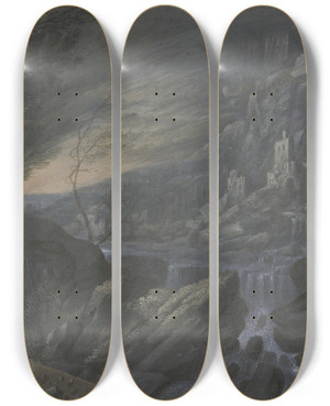 Triptych art skateboard deck of Johann Nikolaus Gassner Berglandschaft Mit Schlssern by JOHANN NIKOLAUS GASSNER (1637)