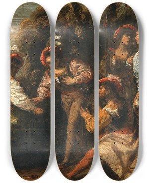 Triptych art skateboard deck of Pietro Della Vecchia Warriors Playing Morra by Pietro della Vecchia (1602-1678)