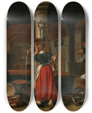 Triptych art skateboard deck of Cornelis Bisschop A Maid Pumping Water In A Kitchen Interior_2 by Cornelis Bisschop (1630-1674)