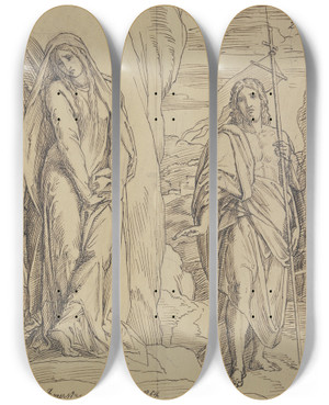 Triptych art skateboard deck of Julius Schnorr Von Carolsfeld Maria Magdalena Am Grabe Christi by Julius Schnorr Von Carolsfeld (1794-1872)