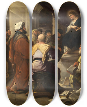 Triptych art skateboard deck of Luca Giordano Christ Among The Doctors by Luca Giordano (1634-1705)