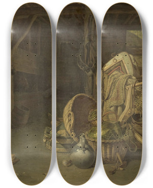 Triptych art skateboard deck of Franois Cornelis Knoll Still Life In A Stable by Francois Cornelis Knoll (1771-1827)