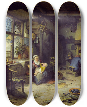 Triptych art skateboard deck of Adriaen Van Ostade Interior With Peasants_1 by Adriaen Van Ostade (1610-1684)