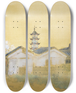 Triptych art skateboard deck of Takeuchi Seih Calm Spring In Jiangnan by Takeuchi Seiho (1864-1942)