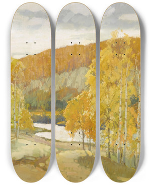 Triptych art skateboard deck of Frederick John Mulhaupt Autumn by Frederick John Mulhaupt (1871-1938)