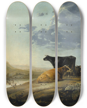 Triptych art skateboard deck of Aelbert Cuyp Young Herdsmen With Cows by Aelbert Cuyp (1620-1691)
